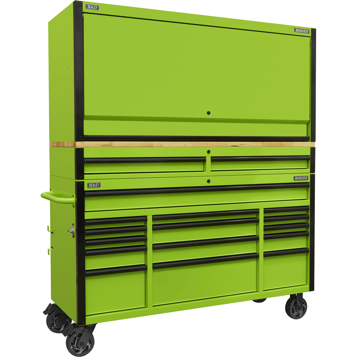 Sealey 15 Drawer Wooden Worktop Trolley and Hutch Combo Green