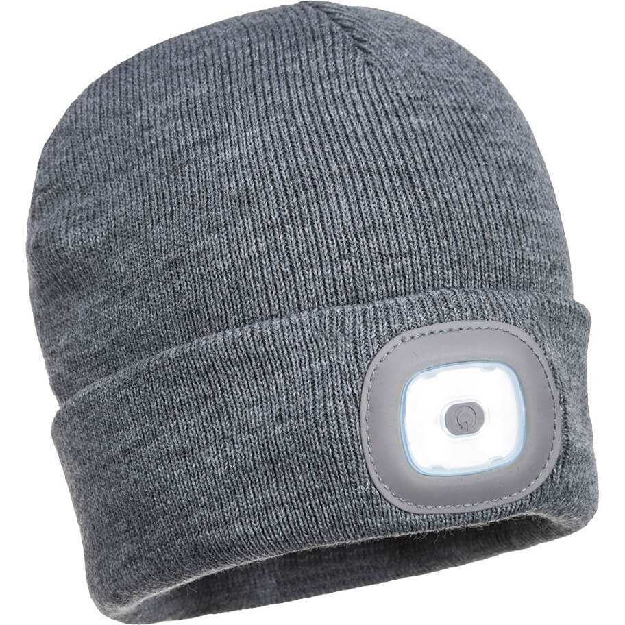 Image of Portwest Beanie Hat and USB Rechargeable LED Head Light Grey One Size