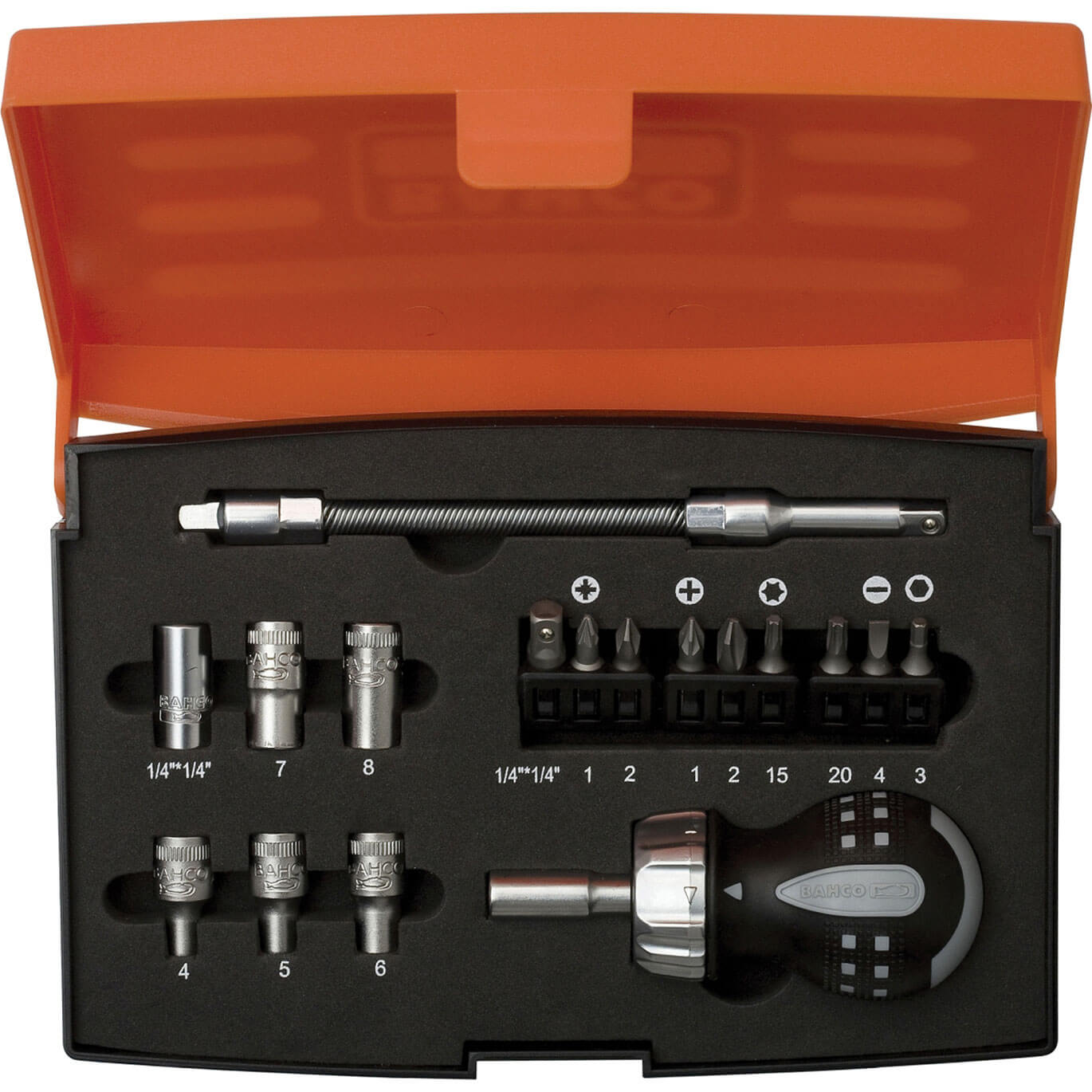 Image of Bahco 18 Piece Stubby Ratchet Screwdriver and Bit Set 1/4"