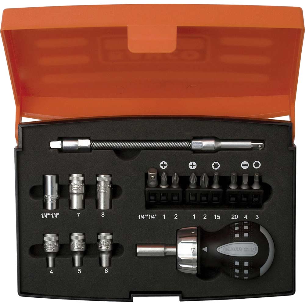 Image of Bahco 18 Piece Stubby Ratchet Screwdriver and Bit Set 1/4"