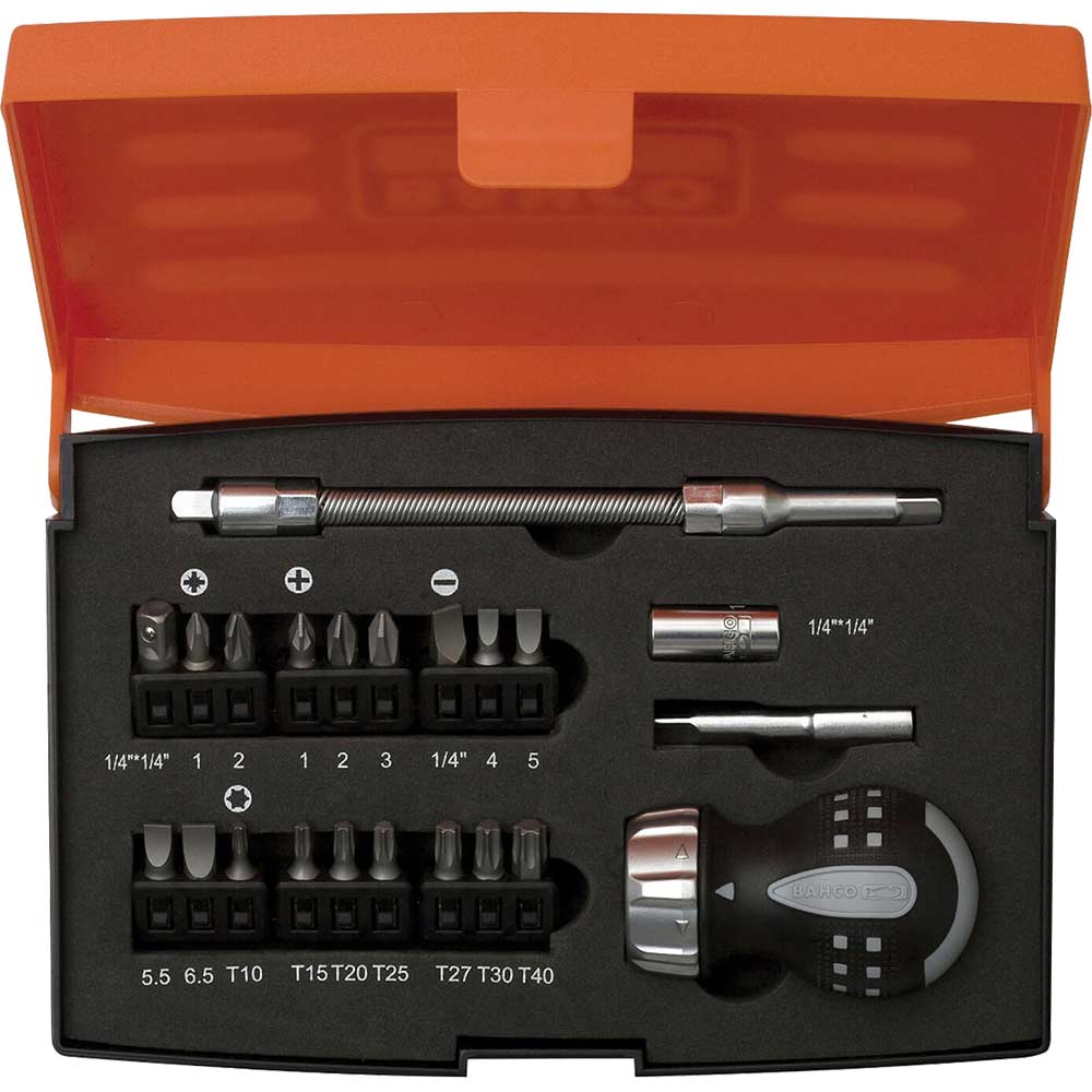 Image of Bahco 22 Piece Stubby Ratchet Screwdriver and Bit Set 1/4"