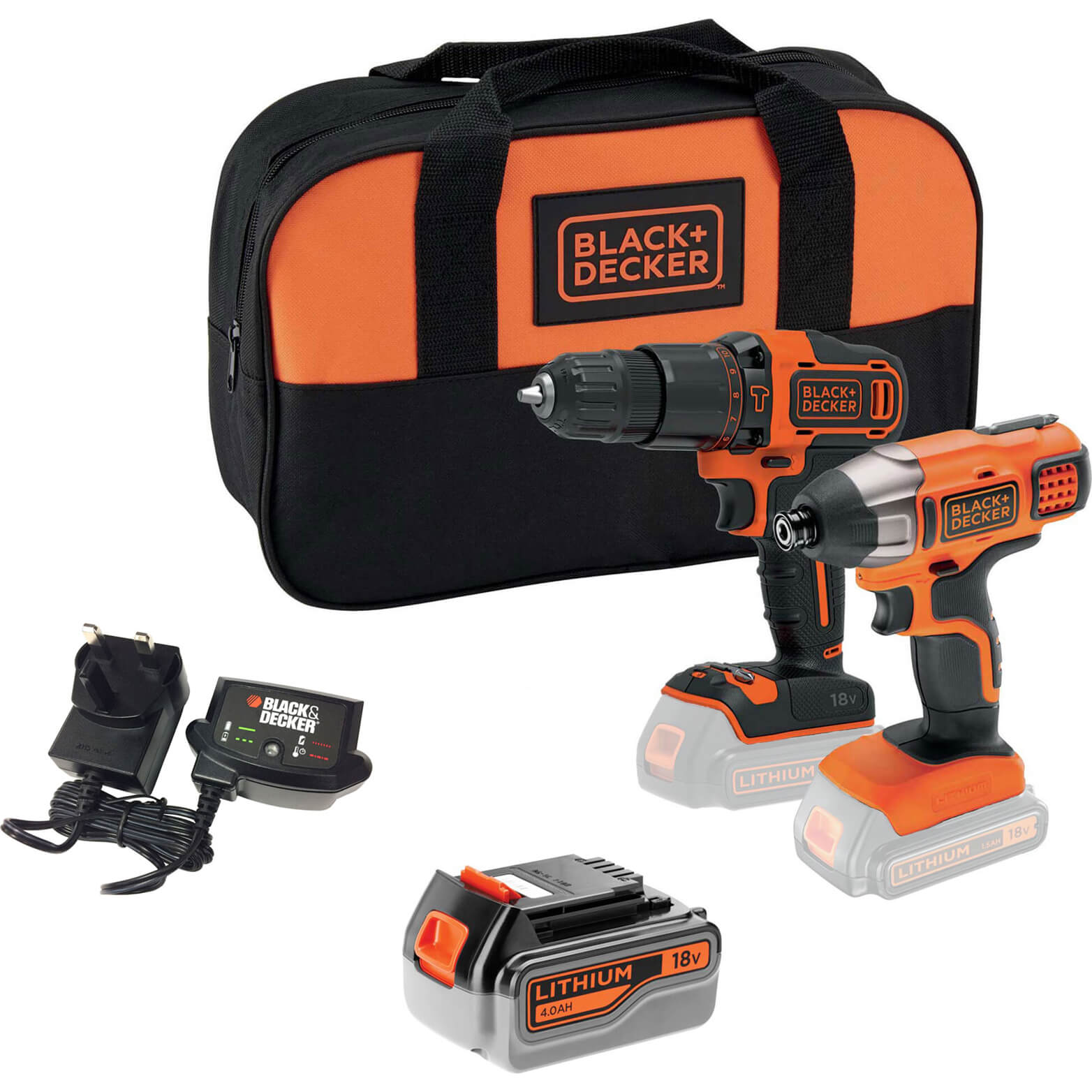 Image of Black and Decker BCK25S2S 18v Cordless Combi Drill and Impact Driver Kit 1 x 4ah Li-ion Charger Bag