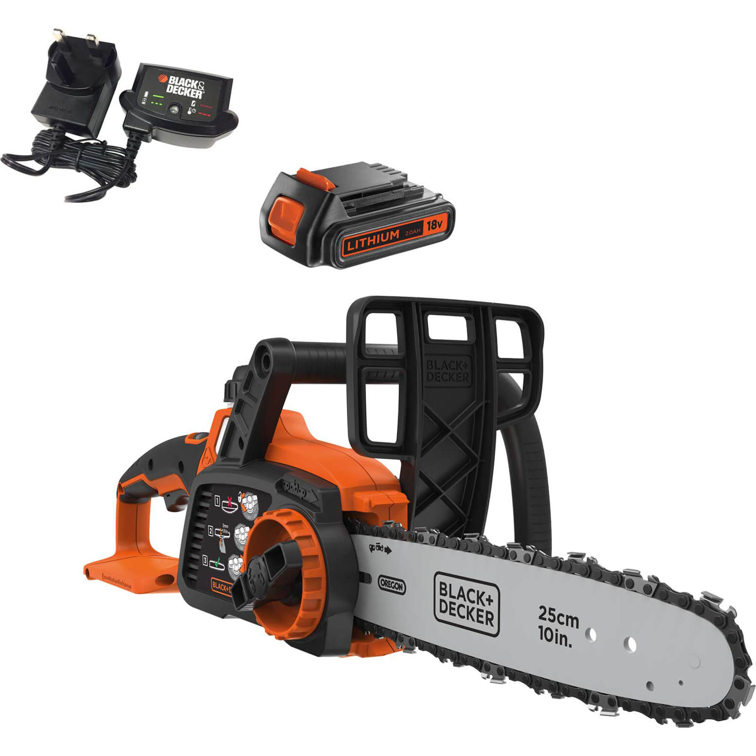 Image of Black and Decker GKC1825L 18v Cordless Chainsaw 250mm 1 x 2ah Li-ion Charger