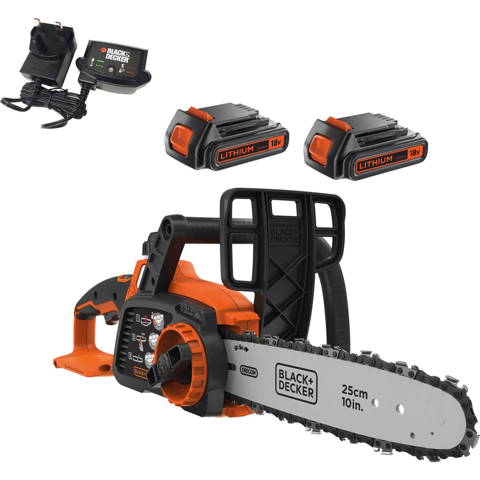 Image of Black and Decker GKC1825L 18v Cordless Chainsaw 250mm 2 x 2ah Li-ion Charger
