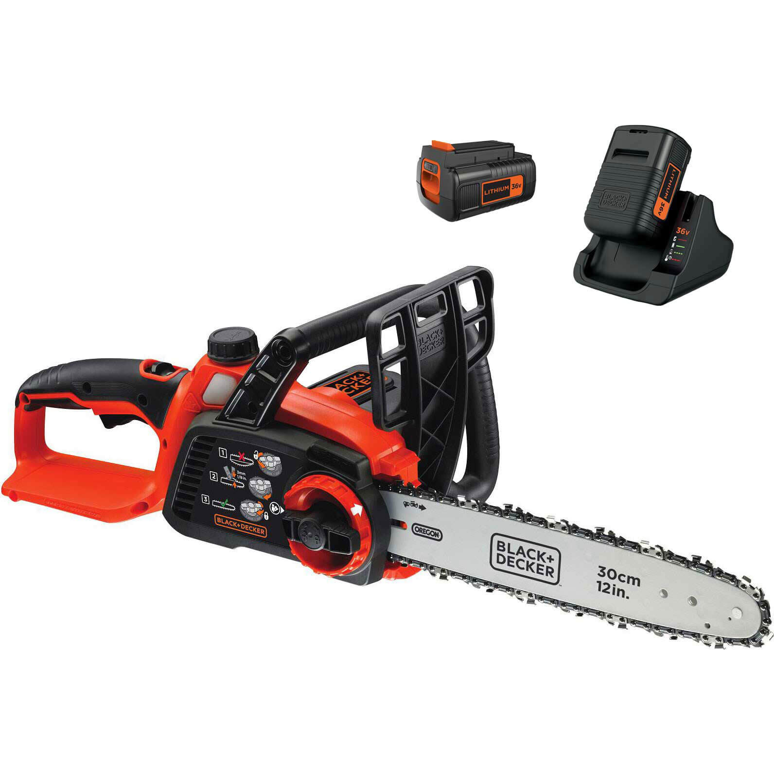 Image of Black and Decker GKC3630L 36v Cordless Chainsaw 300mm 2 x 2ah Li-ion Charger