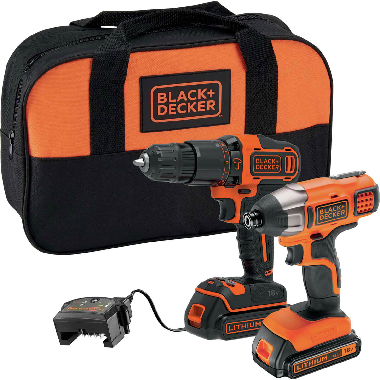 Image of Black and Decker BCK25S2S 18v Cordless Combi Drill and Impact Driver Kit 2 x 1.5ah Li-ion Charger Bag