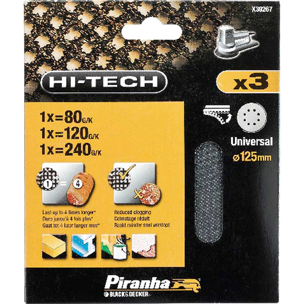 Image of Black and Decker Piranha Hi Tech Quick Fit Mesh ROS Sanding Sheets 125mm 125mm Assorted Pack of 3