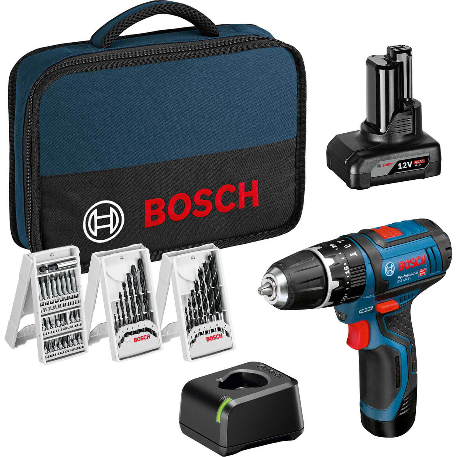 Bosch GSB 12 V-15 12v Cordless Combi Drill 1 x 2ah & 1 x 4ah Li-ion Charger Bag & Accessories