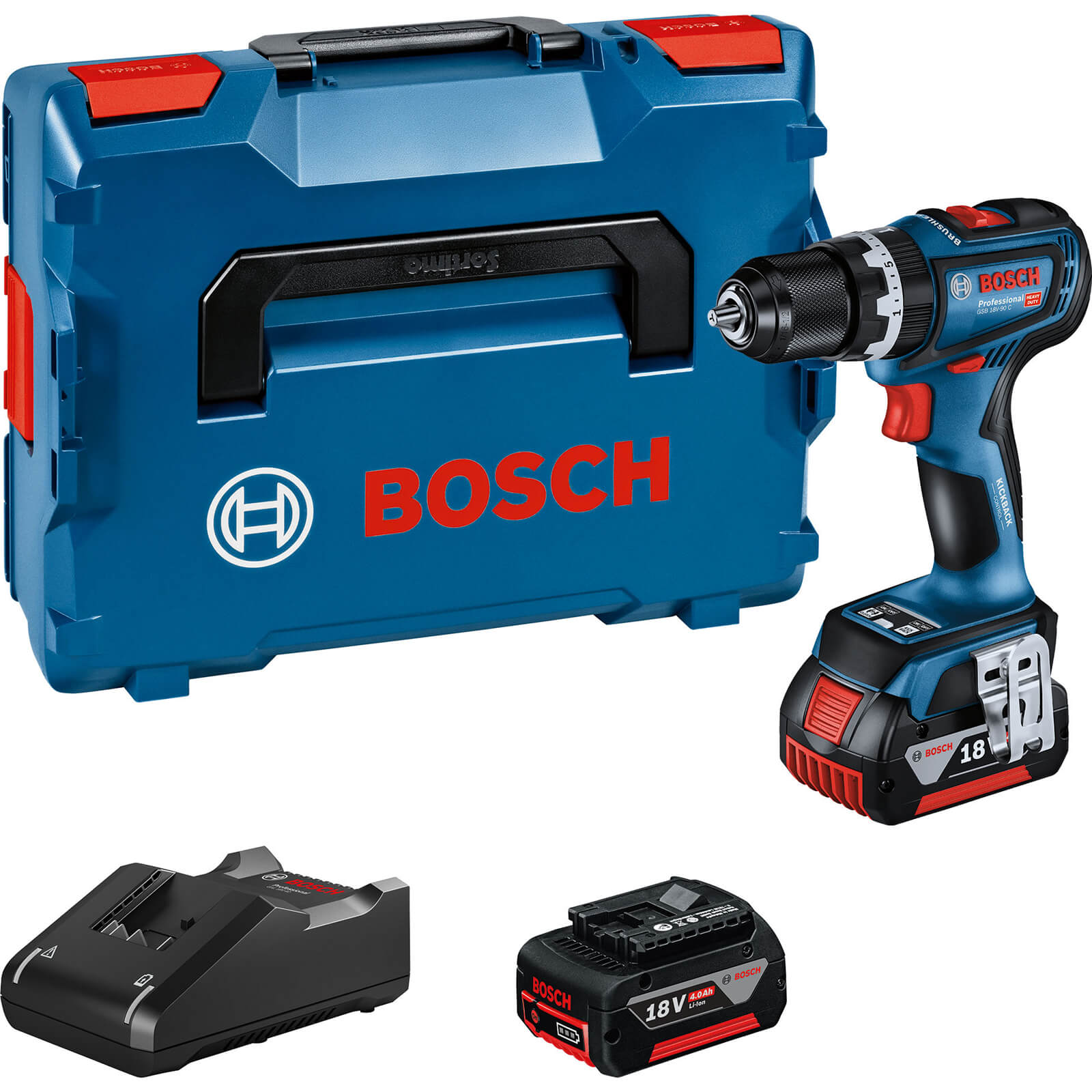 Bosch GSB 18V-90 C 18v Cordless Brushless Combi Drill With Kickback Control 2 x 4ah Li-ion Charger Case