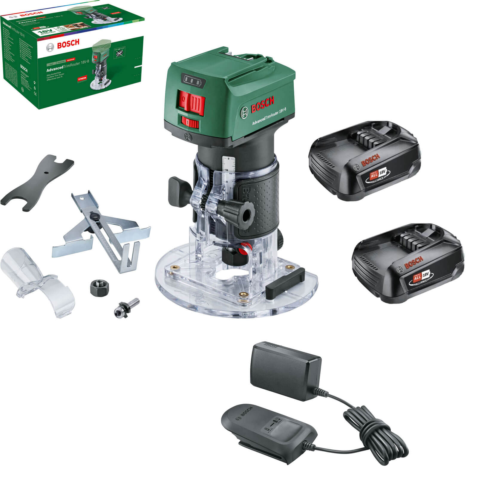 Bosch ADVANCEDTRIMROUTER 18V-8 P4A 18v Cordless Trim Router 2 x 1.5ah Li-ion Charger No Case FREE UK 1/4" Collet Worth £11.95 Extra !