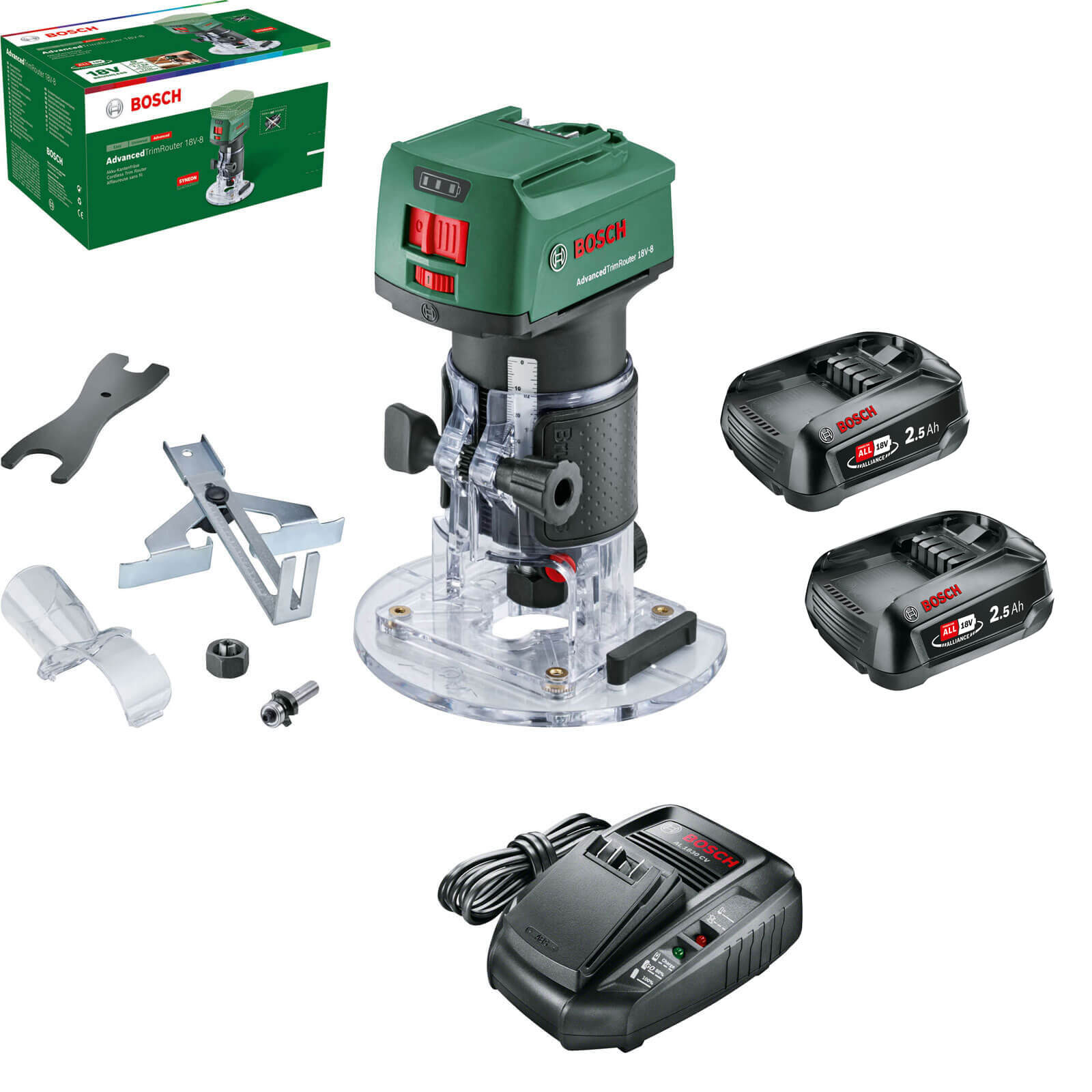 Bosch ADVANCEDTRIMROUTER 18V-8 P4A 18v Cordless Trim Router 2 x 2.5ah Li-ion Charger No Case FREE UK 1/4" Collet Worth £11.95 Extra !