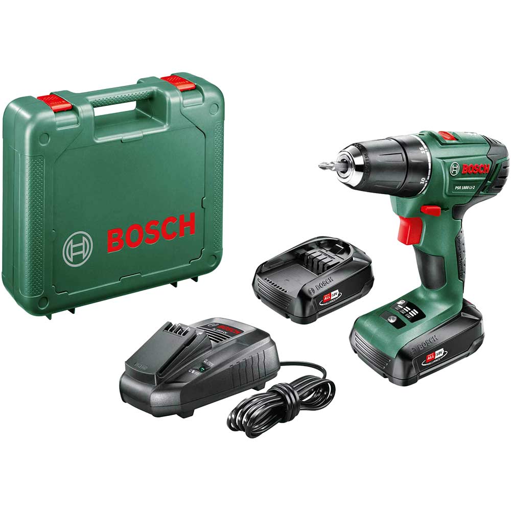 Bosch PSR 1800 LI-2 P4A 18v Cordless Drill Driver 2 x 1.5ah Li-ion Charger Case