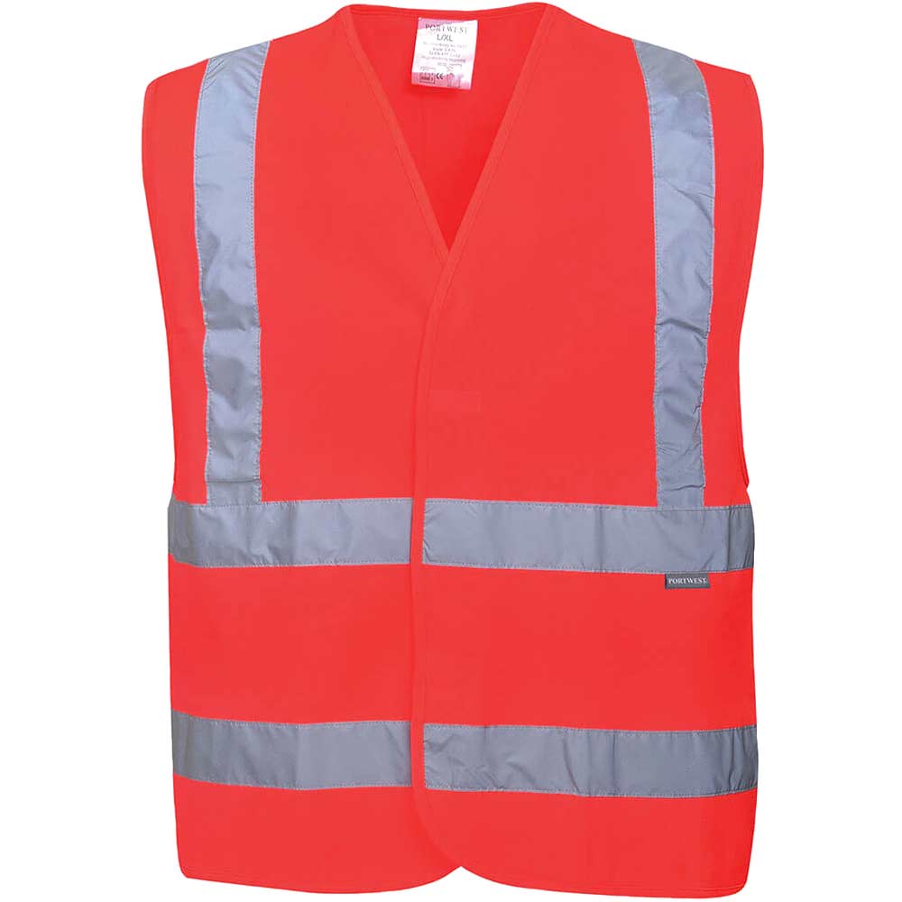 Image of Portwest Two Band and Brace Class 2 Hi Vis Waistcoat Red L / XL