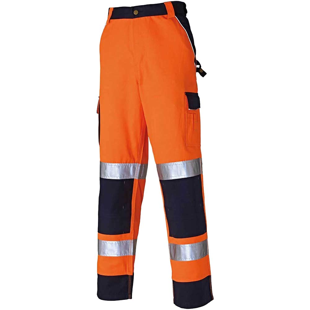 Image of Dickies Mens Hi Vis Industry Trousers Orange / Navy 34" 31"