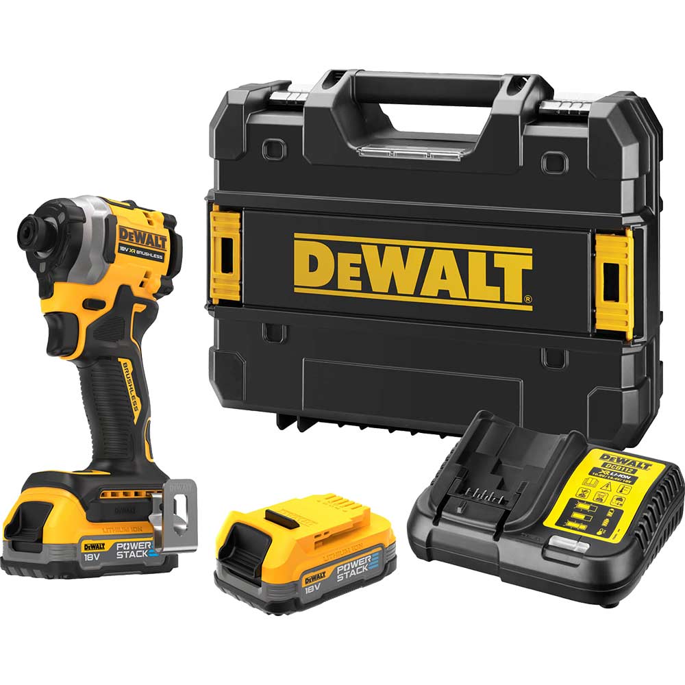 DeWalt DCF850 18v XR Brushless Ultra Compact Impact Driver 2 x 1.7ah Li-ion Powerstack Charger Case