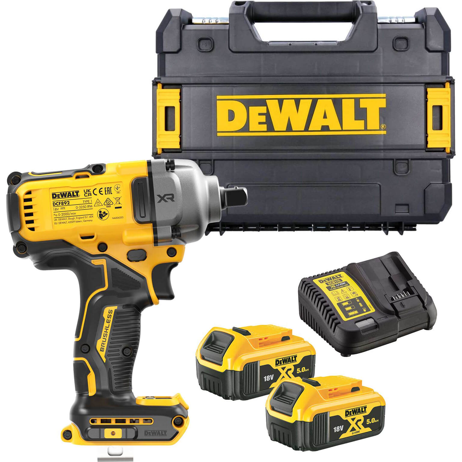 DeWalt DCF892 18v XR Cordless Brushless 1/2" Compact High Torque Wrench 2 x 5ah Li-ion Charger Case