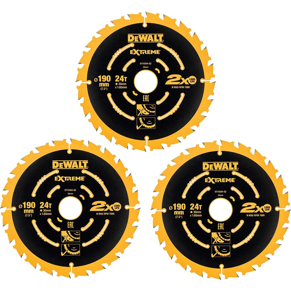 Image of DeWalt Extreme 3 Piece 190mm Circular Saw Blade Set 190mm 24T 30mm