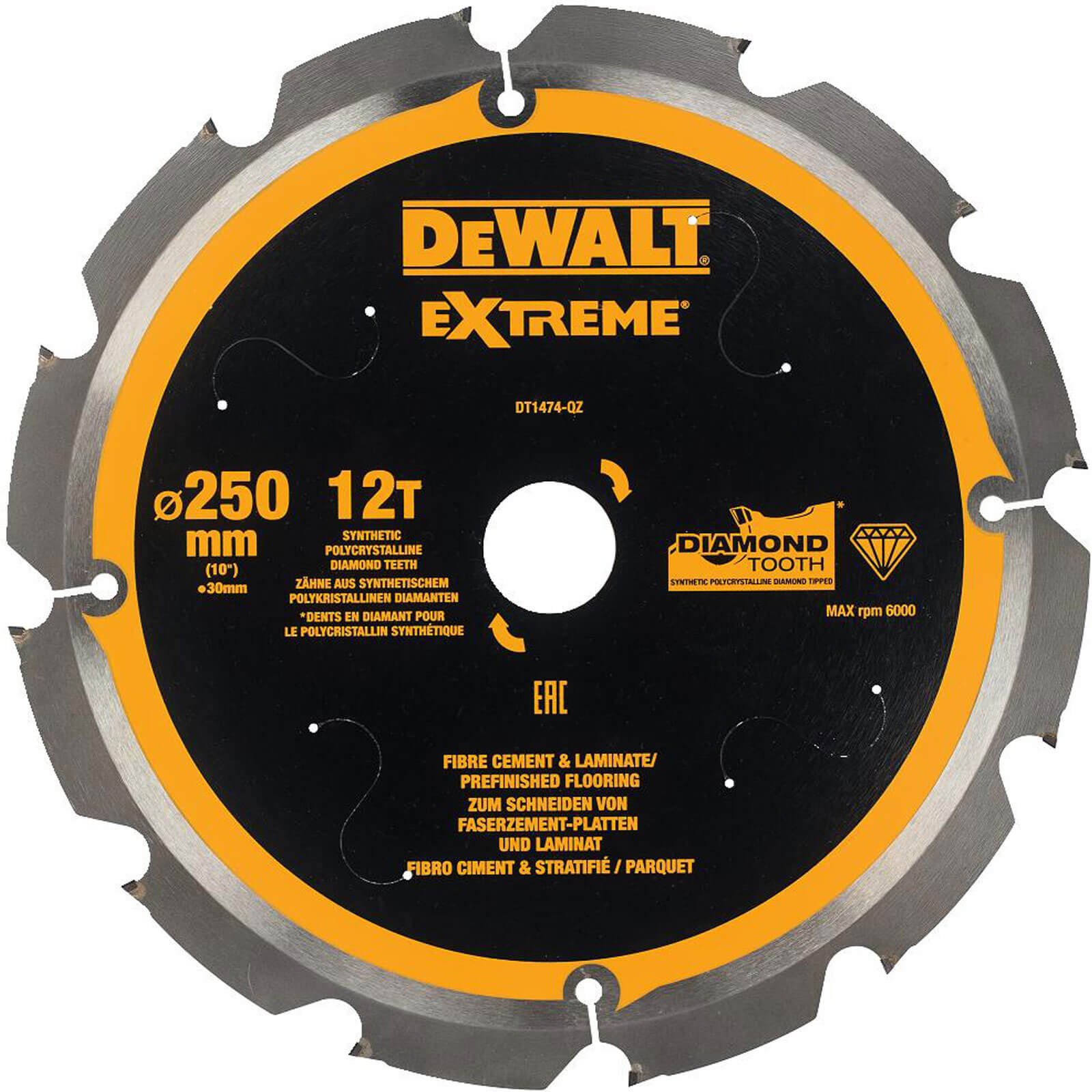 DeWalt PCD Fibre Cement Saw Blade 250mm 12T 30mm