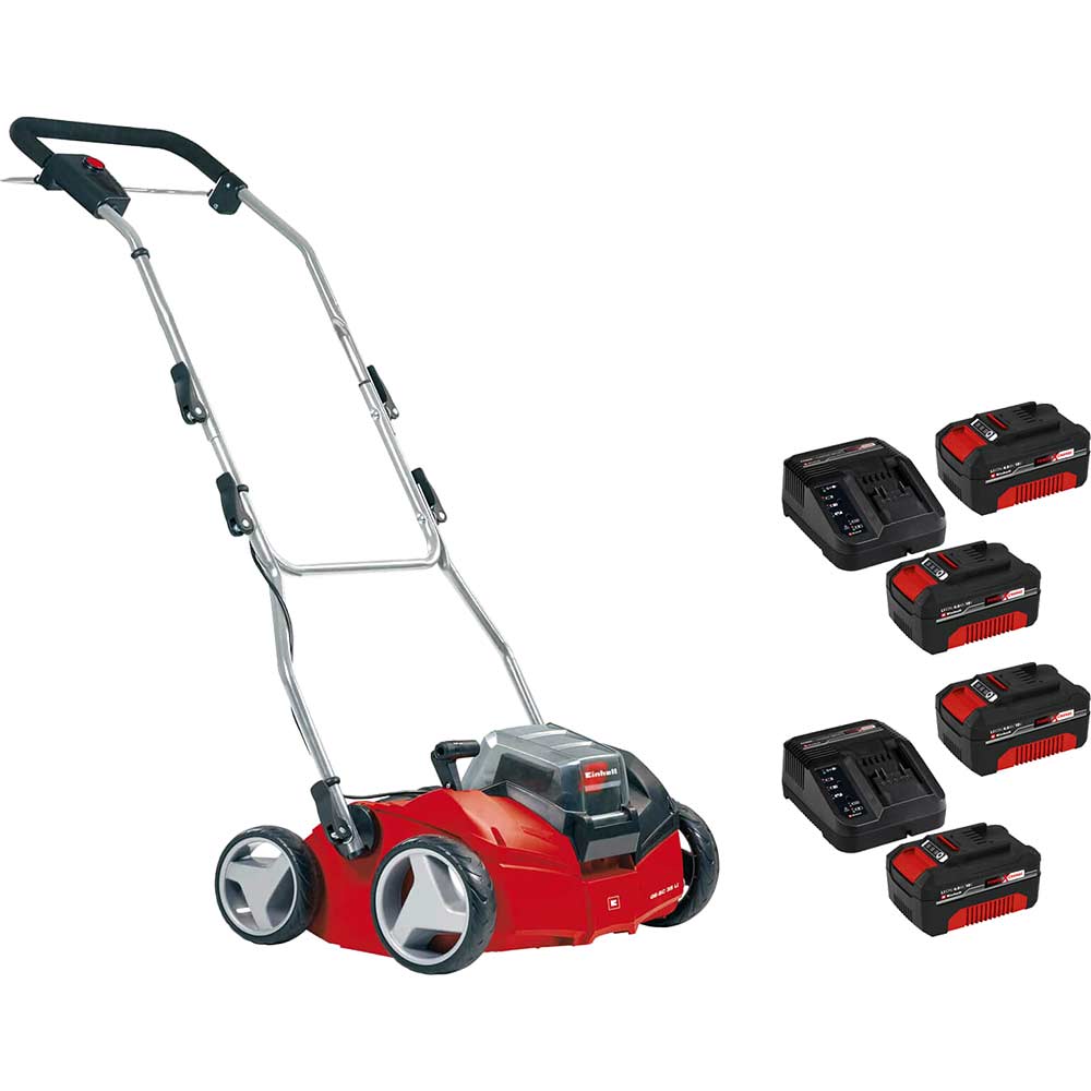 Einhell GE-SC 35/1 Li 36v Cordless Brushless 2 in 1 Lawnraker and Scarifier 350mm (Uses 2 x 18v) 4 x 4ah Li-ion Charger