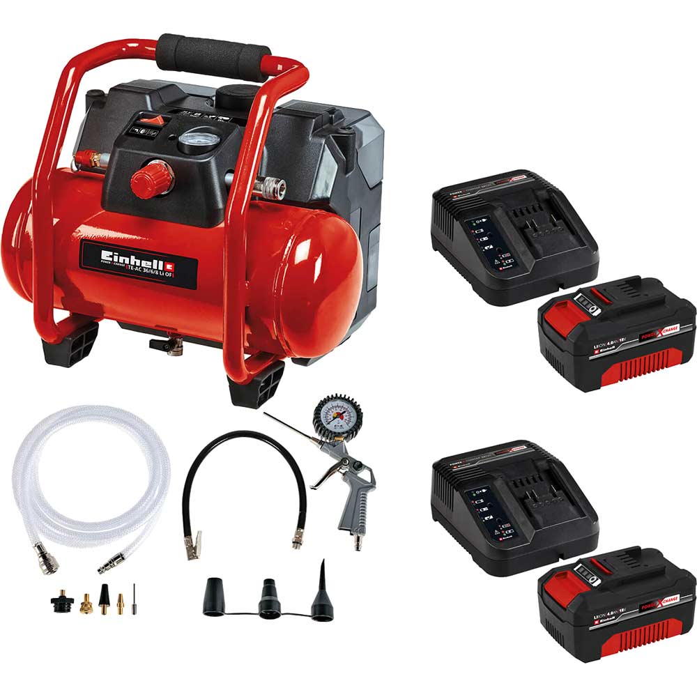 Image of Einhell TE-AC 36/6/8 Li OF Set 36v Oil Free Compressor 6 Litre 2 x 4ah Li-ion Charger No Case