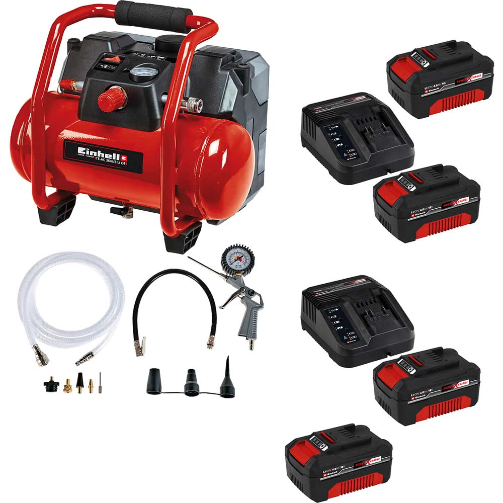 Image of Einhell TE-AC 36/6/8 Li OF Set 36v Oil Free Compressor 6 Litre 4 x 4ah Li-ion Charger No Case