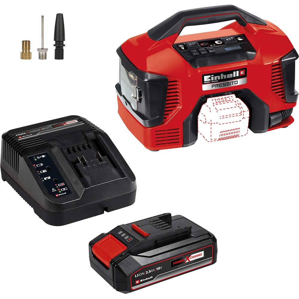 Image of Einhell PRESSITO 18v Cordless Hybrid Compressor Air Pump 1 x 2.5ah Li-ion Charger No Case