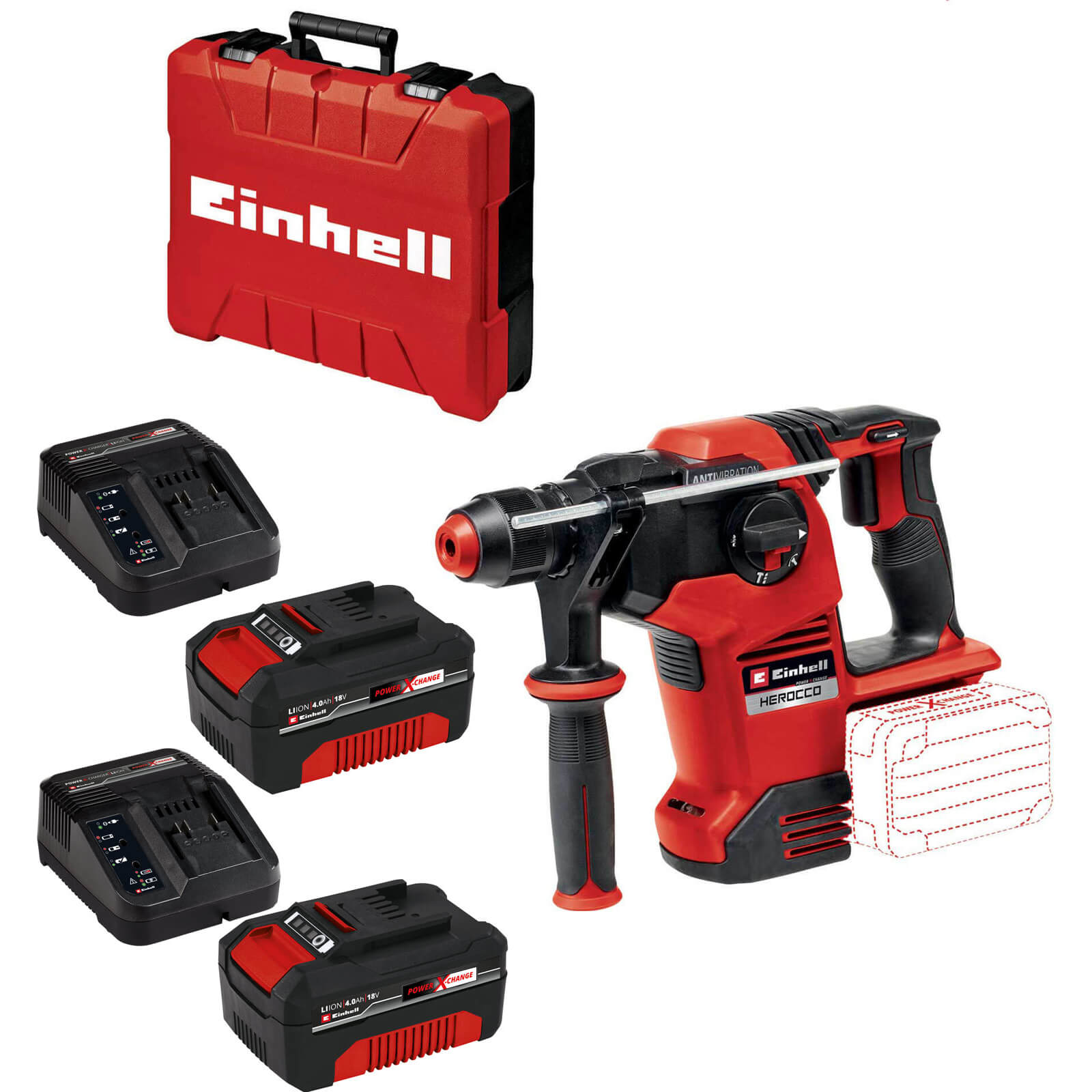 Einhell HEROCCO 36/28 36v Cordless Brushless SDS Plus Rotary Hammer Drill 2 x 4ah Li-ion Charger Case