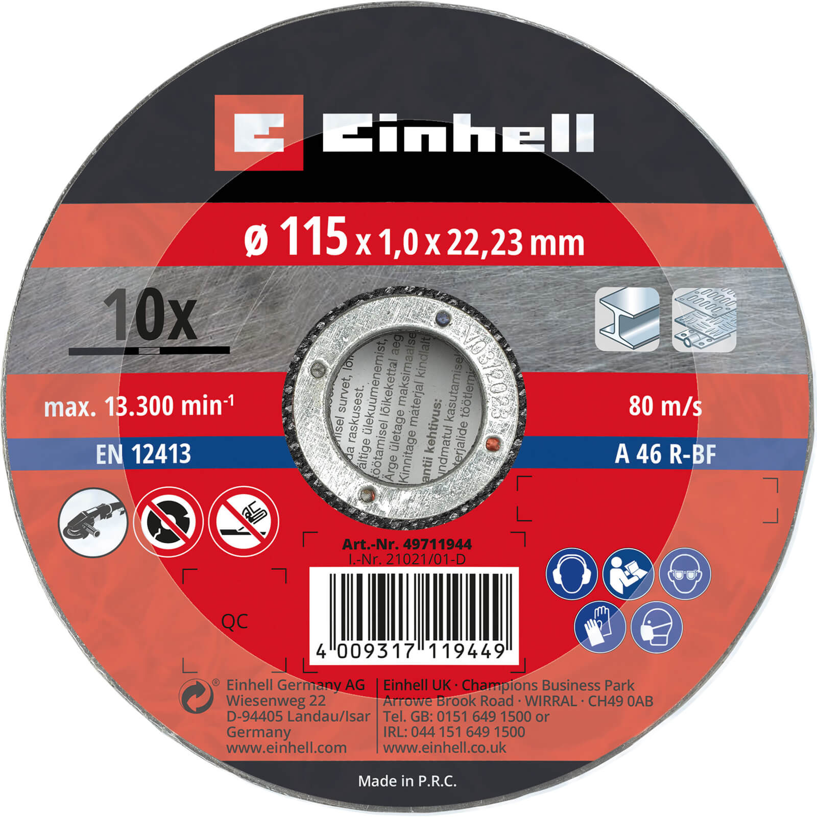 Einhell Thin Metal Cutting Angle Grinder Disc 115mm Pack of 10