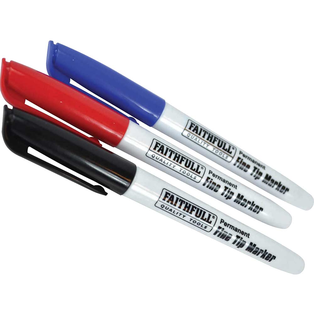 Photo of Faithfull Fine Tip Permanent Marker Pen Assorted Pack Of 3