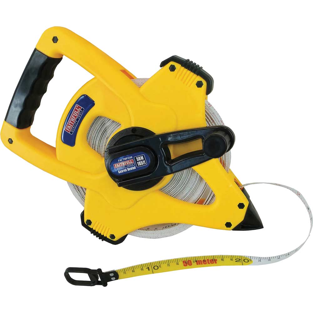 Photo of Faithfull Geared Fibreglass Tape Measure Imperial & Metric 165ft / 50m 13mm