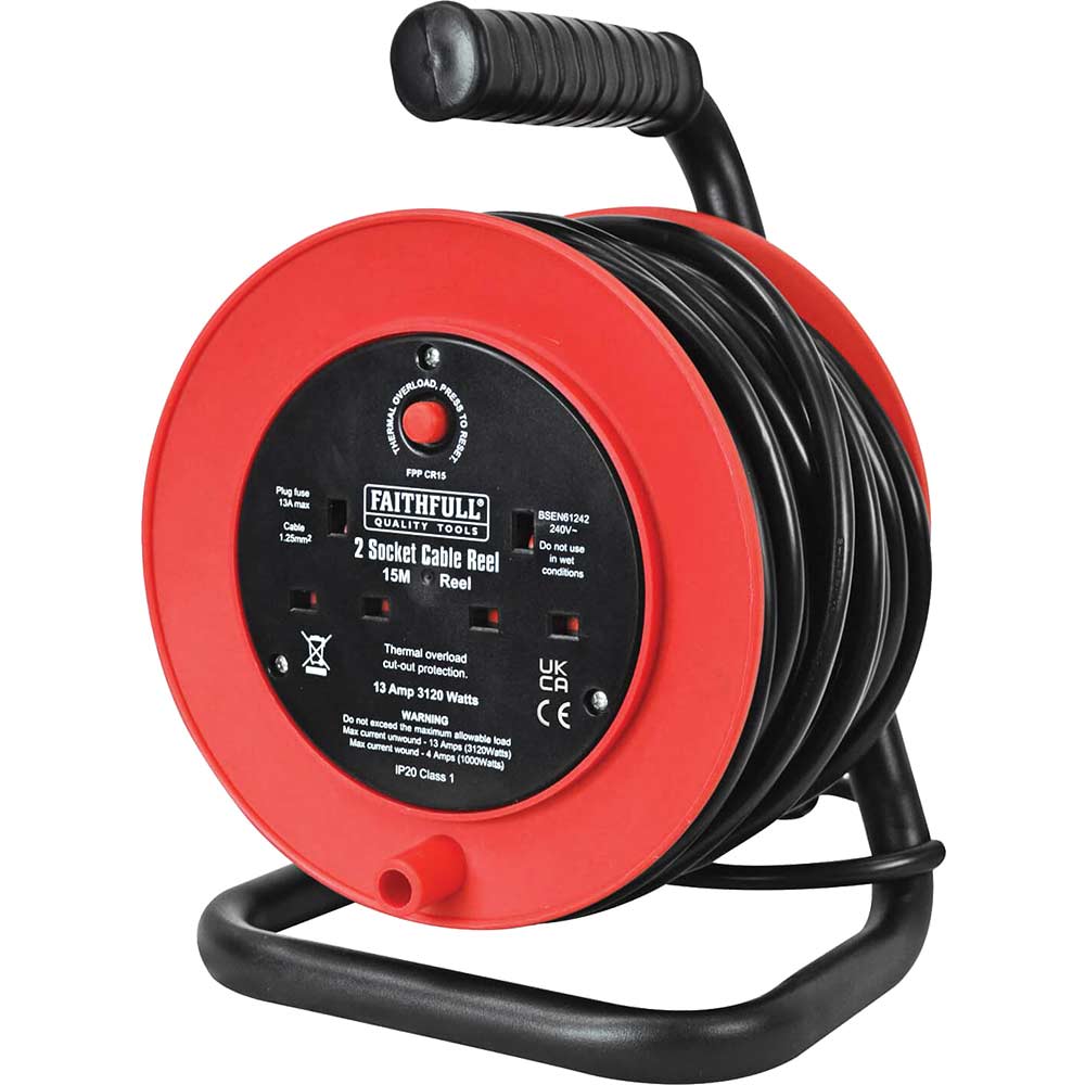 Image of Faithfull 2 Socket Cable Extension Reel 240v 15m