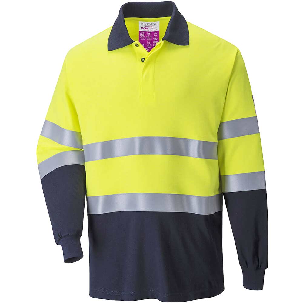 Image of Modaflame Mens Flame Resistant Hi Vis 2-Tone Polo Shirt Yellow / Navy L