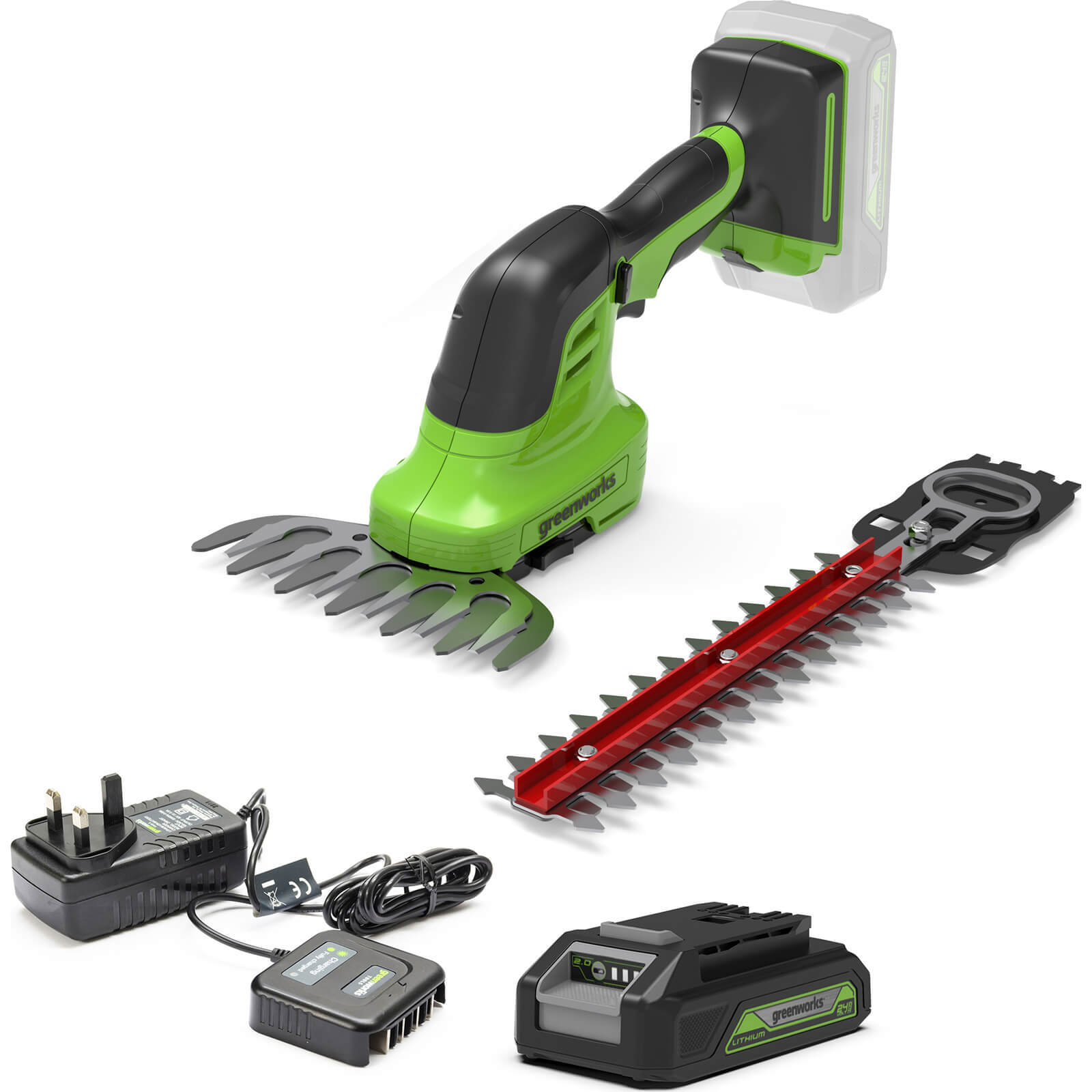 Greenworks G24SHT 24v Cordless Grass and Shrub Shears 1 x 2ah Li-ion Charger FREE Gloves, Lubricant & Safety Glasses Worth £12