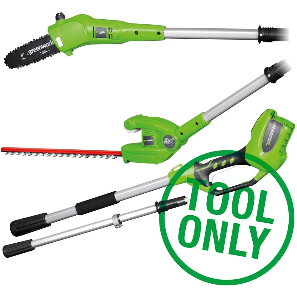 Greenworks G24PHT 24v Cordless Long Reach Hedge Trimmer and Tree Pruner Kit Garden Multi Tools