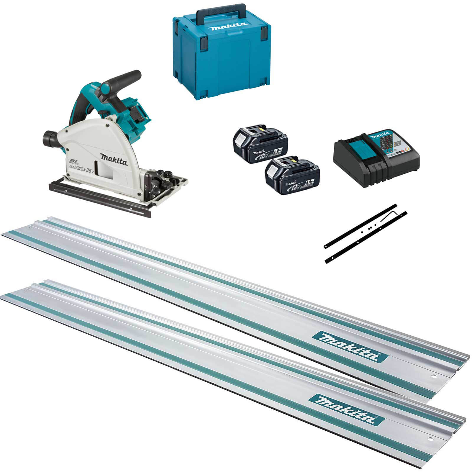 Makita DSP600ZJ Twin 18v LXT Cordless Brushless Plunge Saw 3 Piece Kit 2 x 5ah Li-ion Charger Case & Accessories