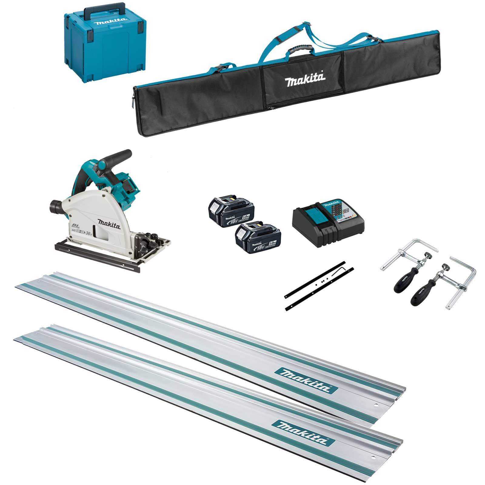 Makita DSP600ZJ Twin 18v LXT Cordless Brushless Plunge Saw 6 Piece Kit 2 x 5ah Li-ion Charger Case & Accessories