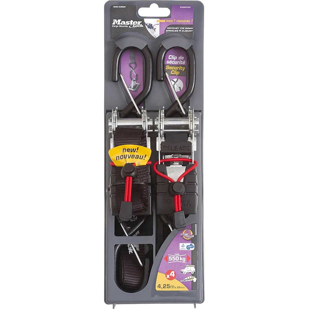 Photo of Masterlock Tie Down Lashing Straps 4250mm Black Pack Of 4