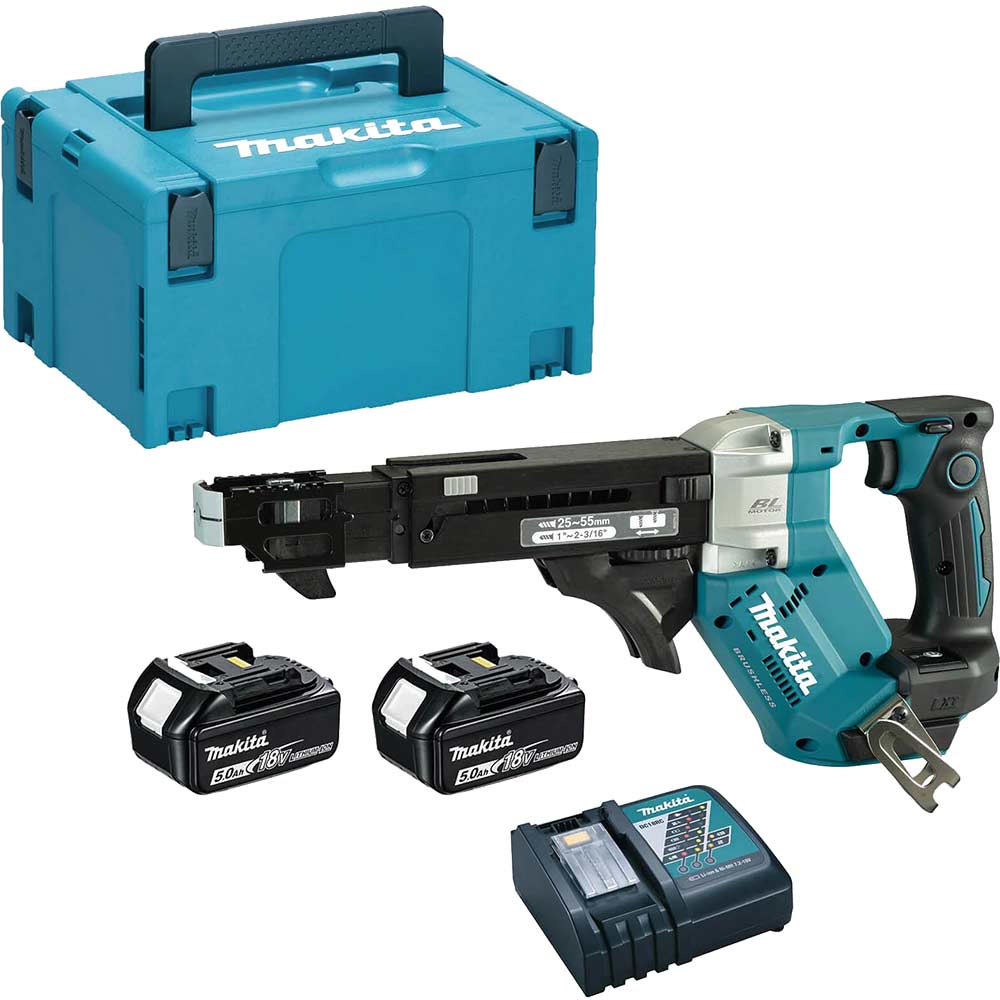 Image of Makita DFR551 18v LXT Cordless Brushless Auto Feed Screwdriver 2 x 5ah Li-ion Charger Case