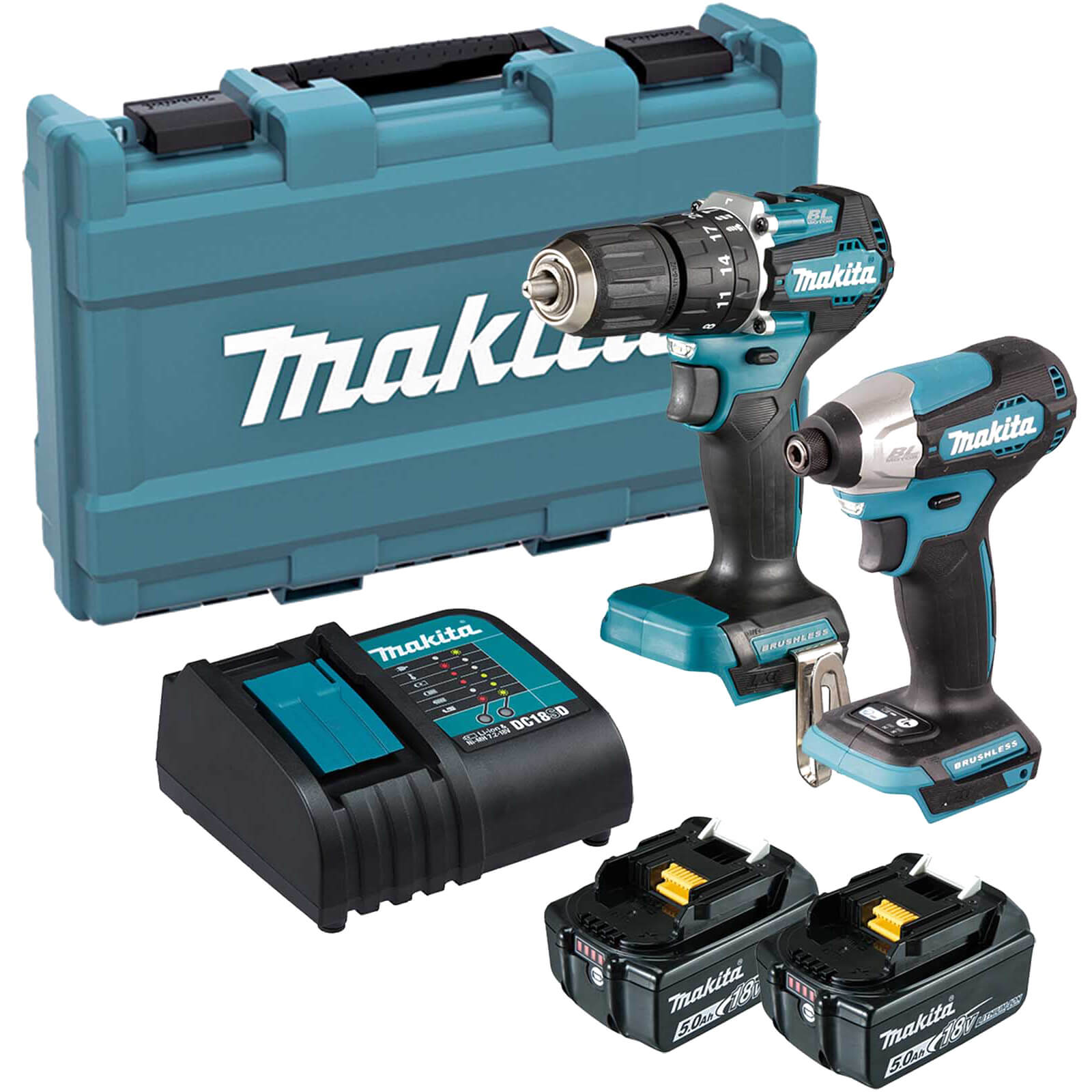Makita DLX2414ST 18v LXT Cordless Brushless Combi Drill and Impact Driver Kit 2 x 5ah Li-ion Charger Case