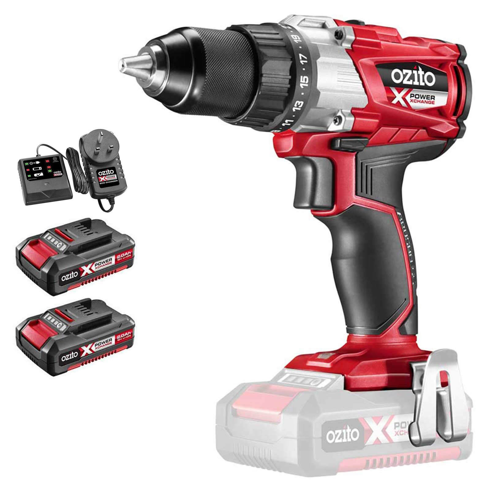 Ozito Pxbds 18v Cordless Brushless Drill Driver 2 X 2ah Li Ion Charger No Case