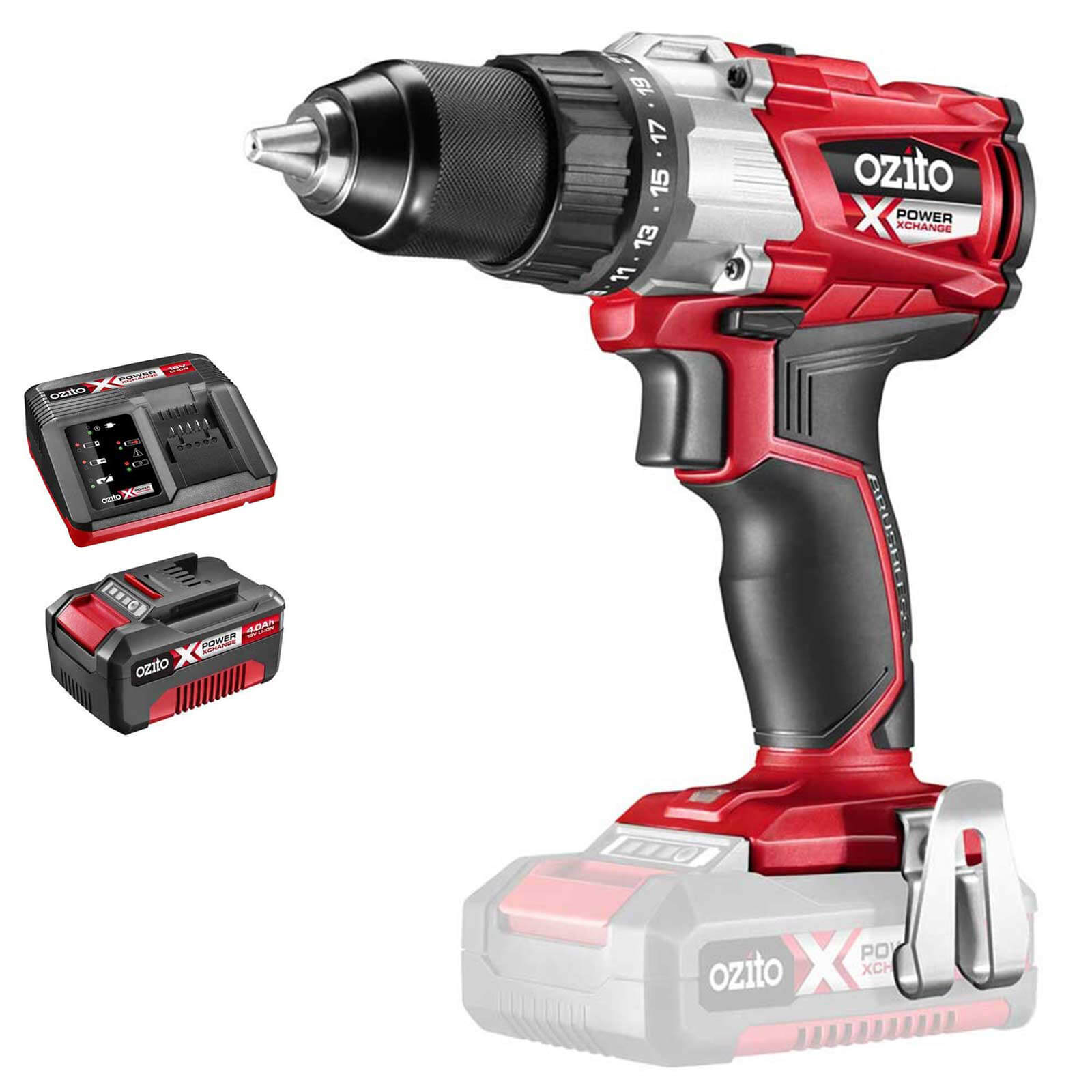 Ozito Pxbds 18v Cordless Brushless Drill Driver 1 X 4ah Li Ion Charger No Case