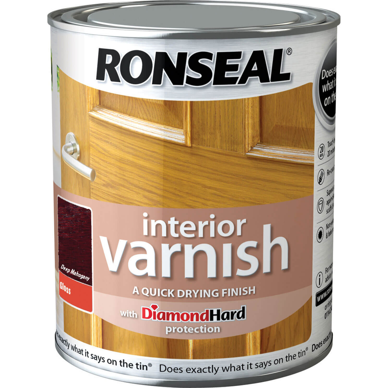 Image of Ronseal Interior Quick Dry Gloss Varnish Deep Mahogany 750ml