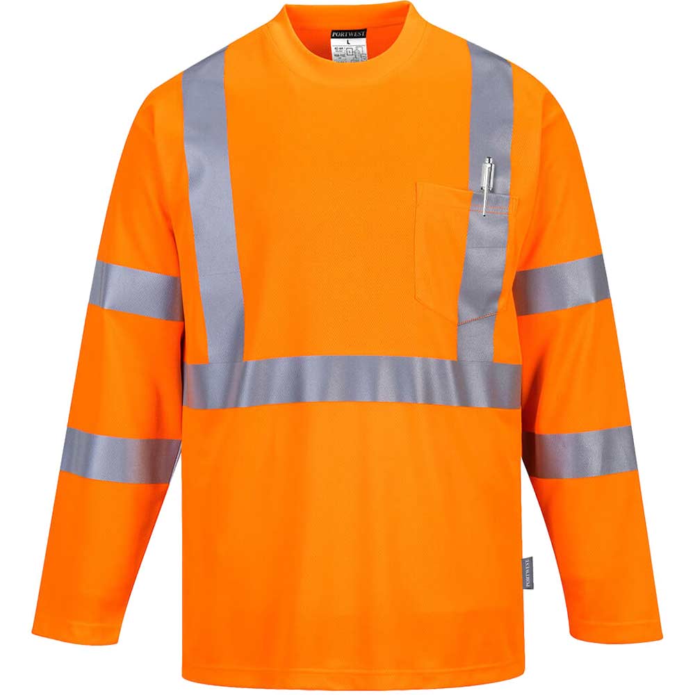 Image of Portwest Long Sleeved Class 3 Hi Vis Pocket T Shirt Orange 4XL