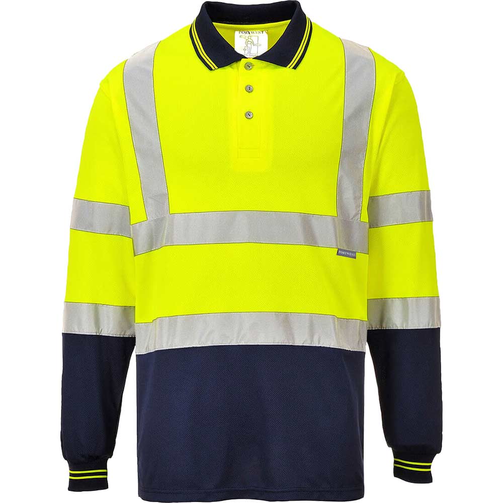 Image of Portwest Mens Hi Vis Contrast Polo Long Sleeve Shirt Yellow / Navy L