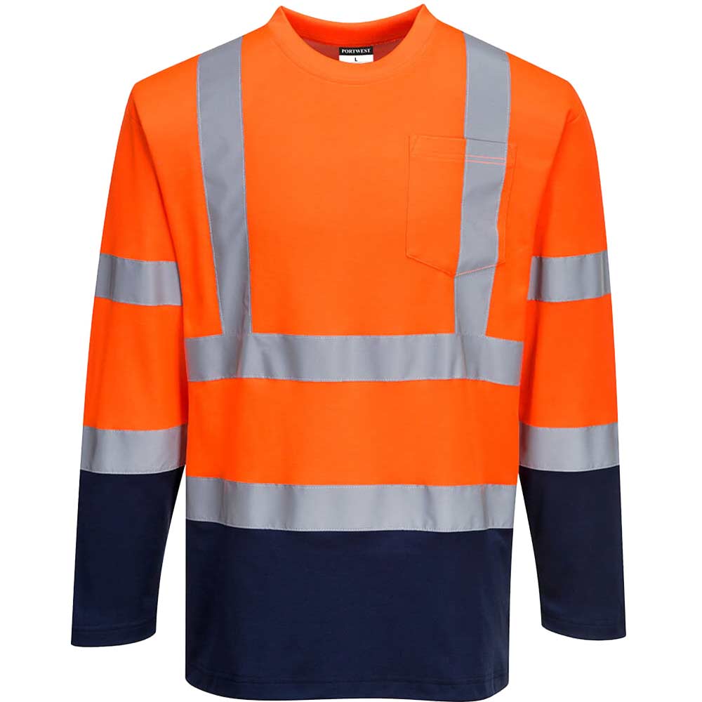 Image of Portwest Hi Vis Cotton Comfort Contrast Long Sleeve T Shirt Orange / Navy L
