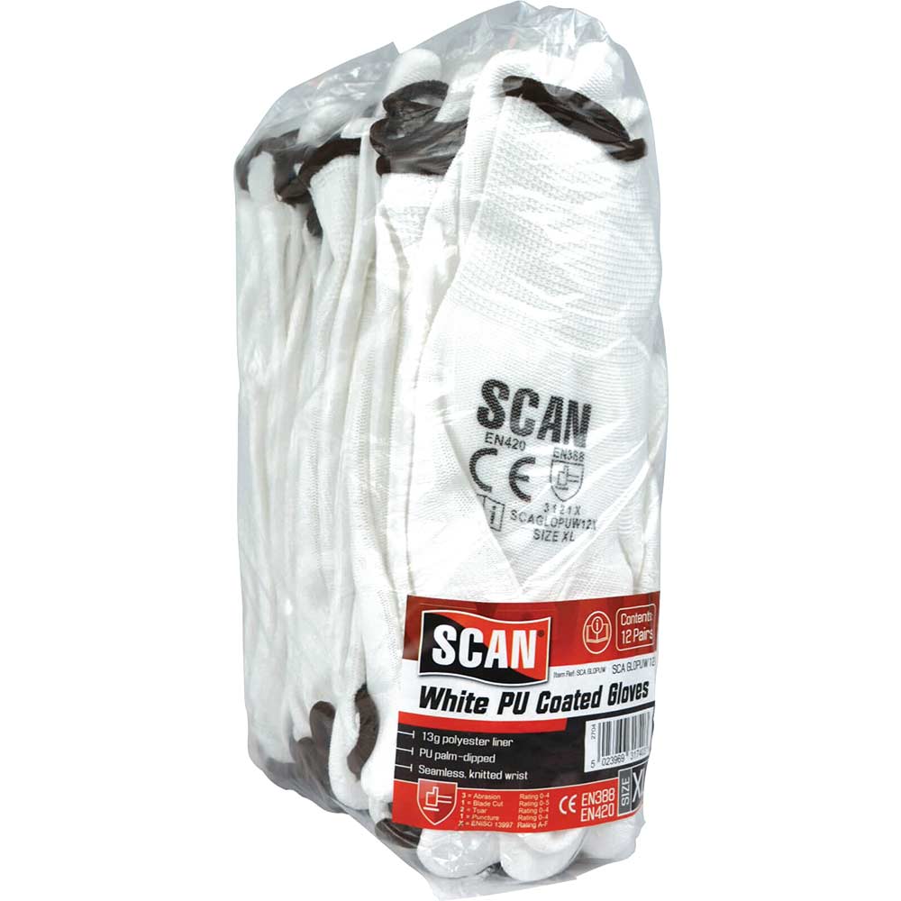 Image of Scan PU Coated Work Gloves White XL Pack of 12