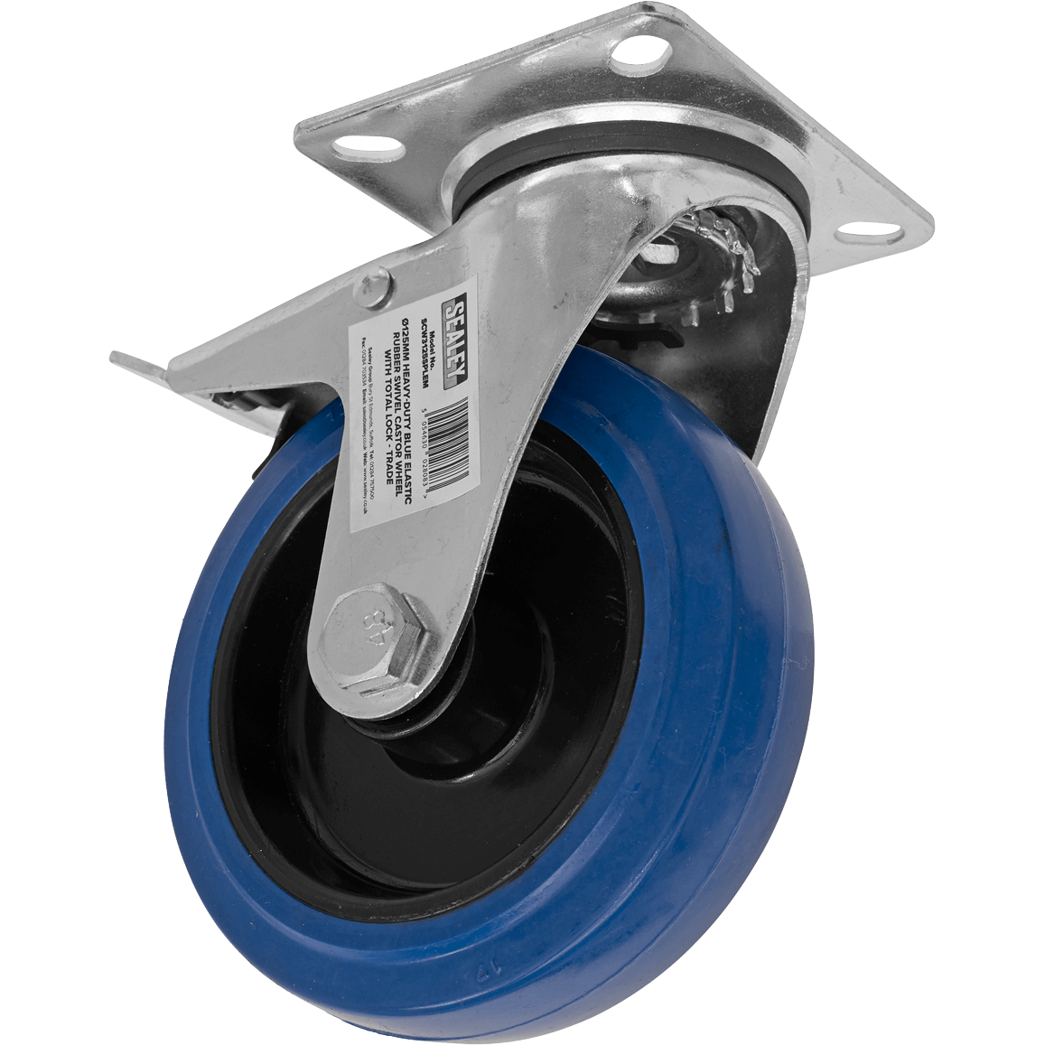 Sealey Heavy-Duty Blue Elastic Rubber Swivel Castor Wheel and Total Lock 125mm
