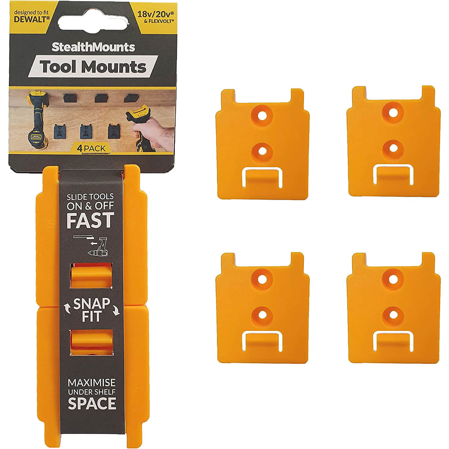 Image of Stealth Mounts 4 Pack Tool Mounts For Dewalt 18-54V XR Tools Yellow