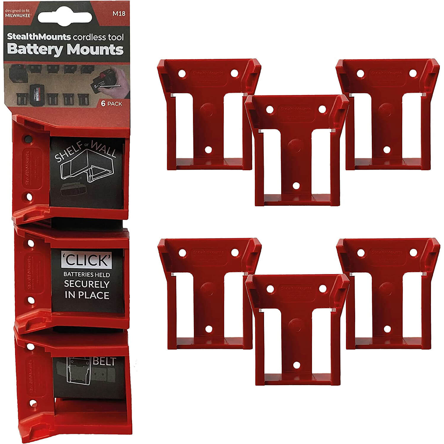 Stealth Mounts 6 Pack Battery Mounts for Milwaukee 18V M18 Batteries Red