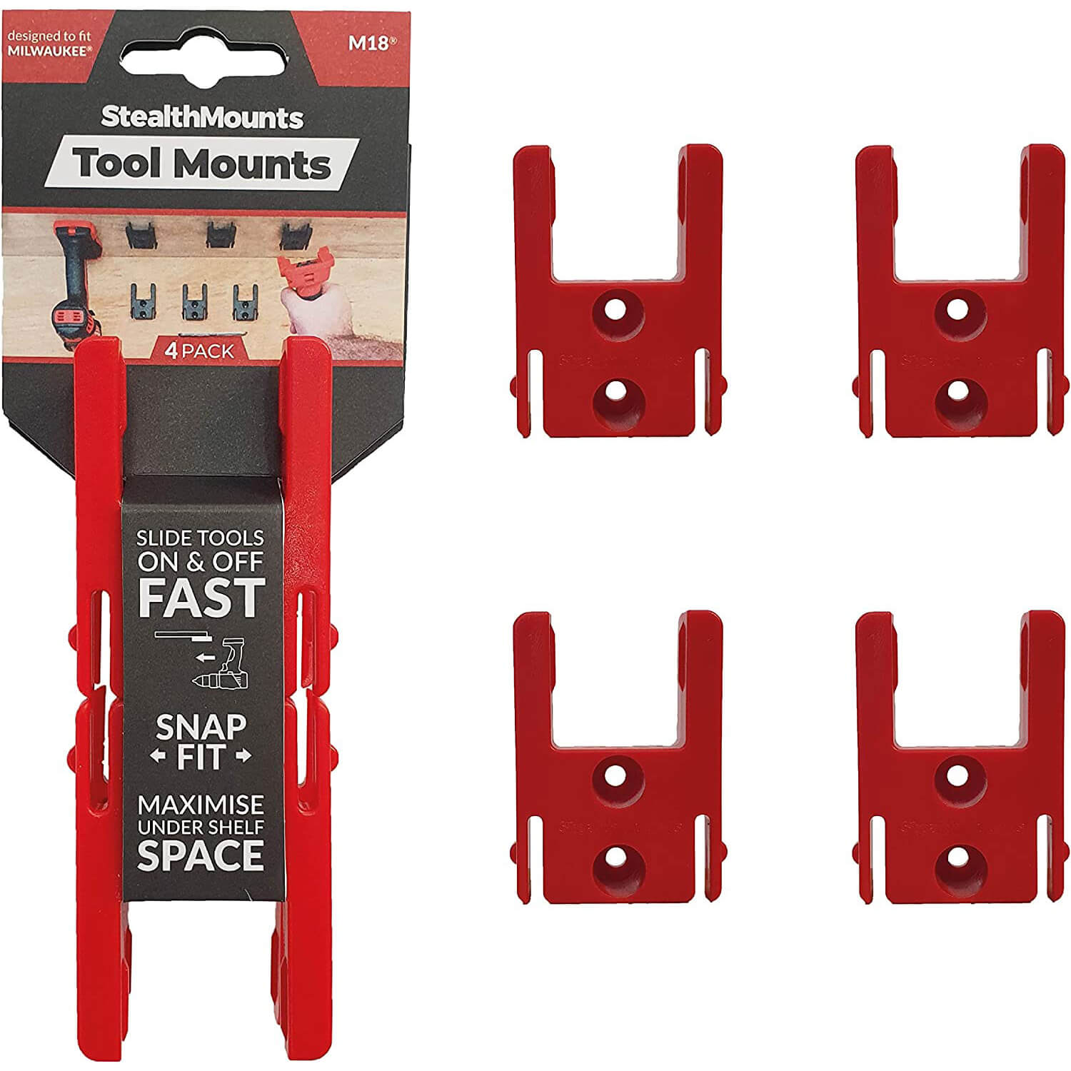 Image of Stealth Mounts 4 Pack Tool Mounts For Milwaukee 18v M18 Tools Red